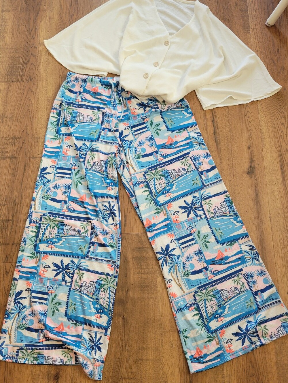 Bundle Tropical Print Wide-Leg Lounge Pants — Blue & Pink